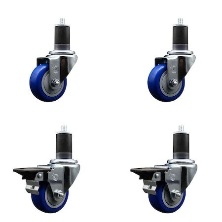 Service Caster 3'' Blue Poly Wheel Swivel 1-5/8'' Expanding Stem Caster Set 2 Brakes, 4PK SCC-EX20S314-PPUB-BLUE-2-PLB-2-158